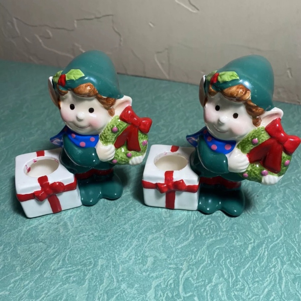 Vintage 60's MCM Napco Ceramic Christmas Elf Candle Holders Decor 1253 Japan